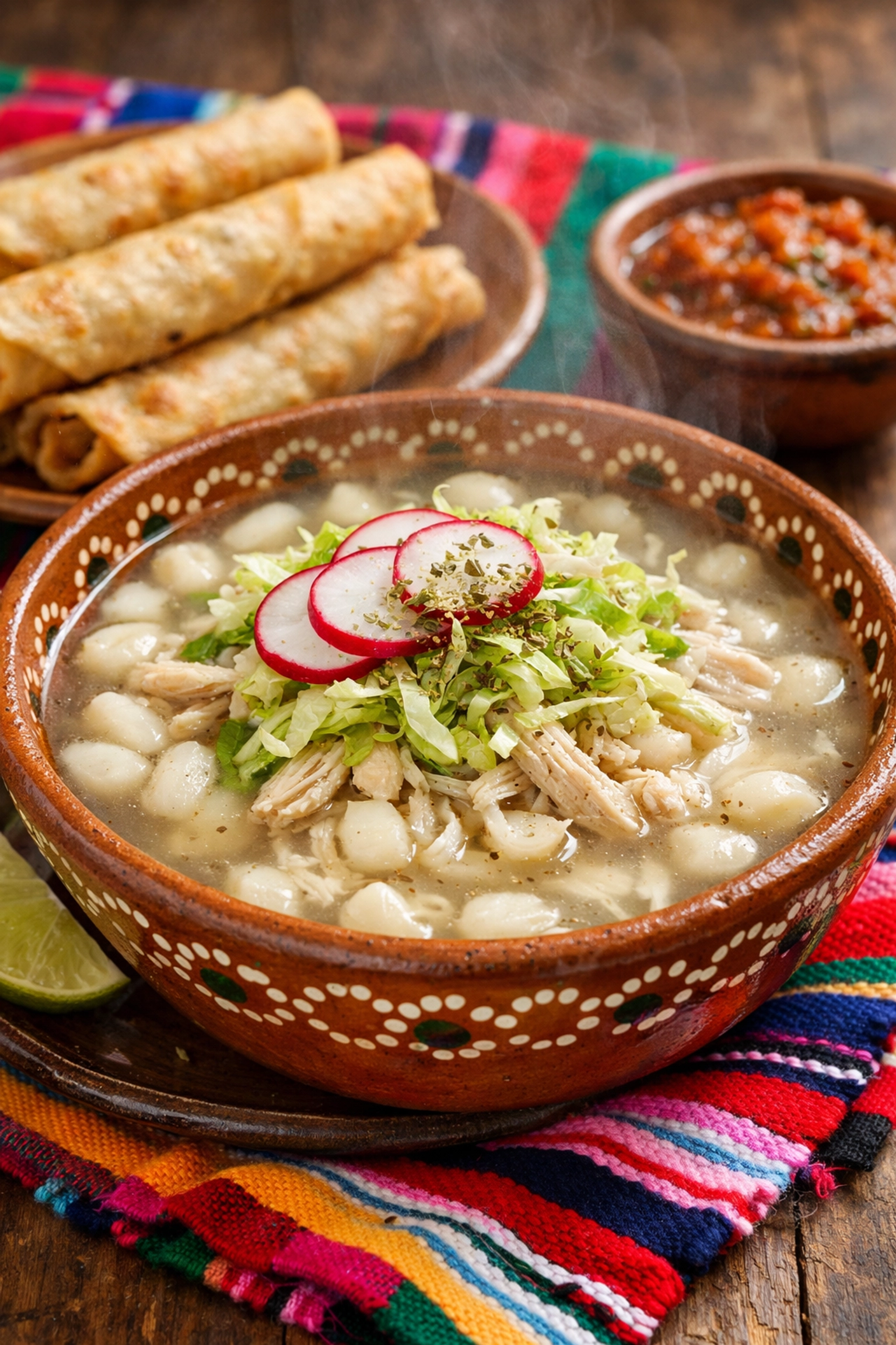 Traditional bowl of Pozole Blanco with radishes and lettuce, a hearty cheap eat in Mexico City.