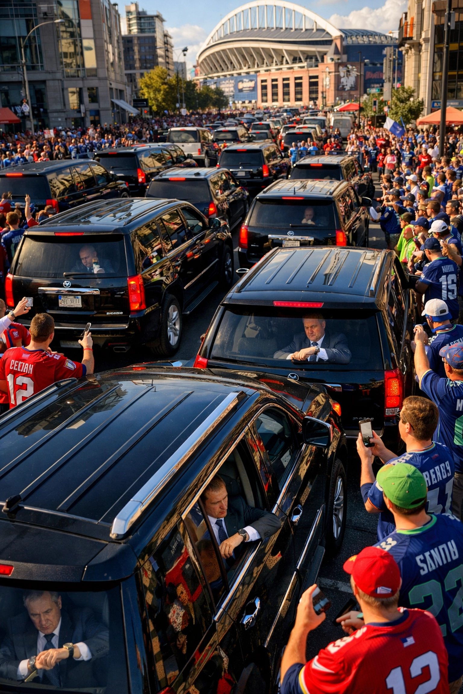 NEWSLETTER: Are You Making These 5 Fatal Super Bowl Travel Mistakes That Turn Executive Trips Into PR Nightmares? Luxury SUVs stuck in Super Bowl traffic gridlock with executives and crowds near stadium