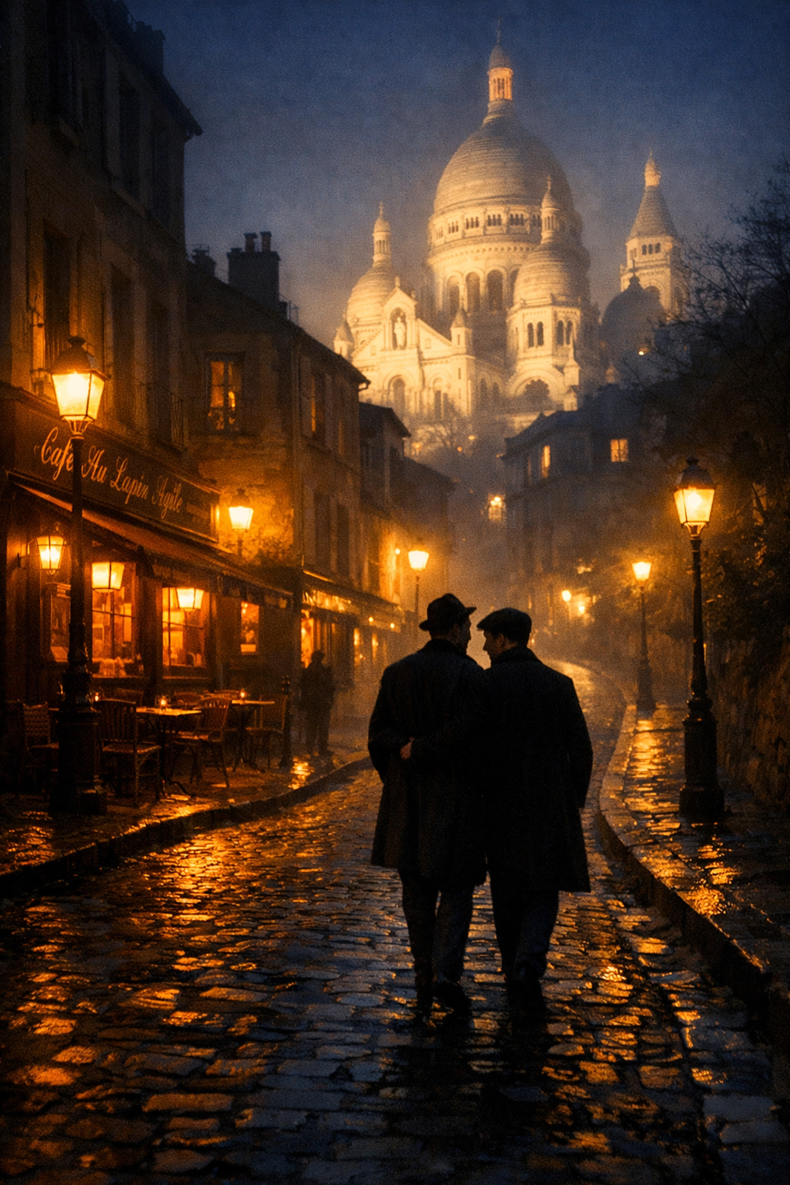 Montmartre cobblestone streets at dusk with Sacré-Cœur basilica - 1920s Paris romance setting