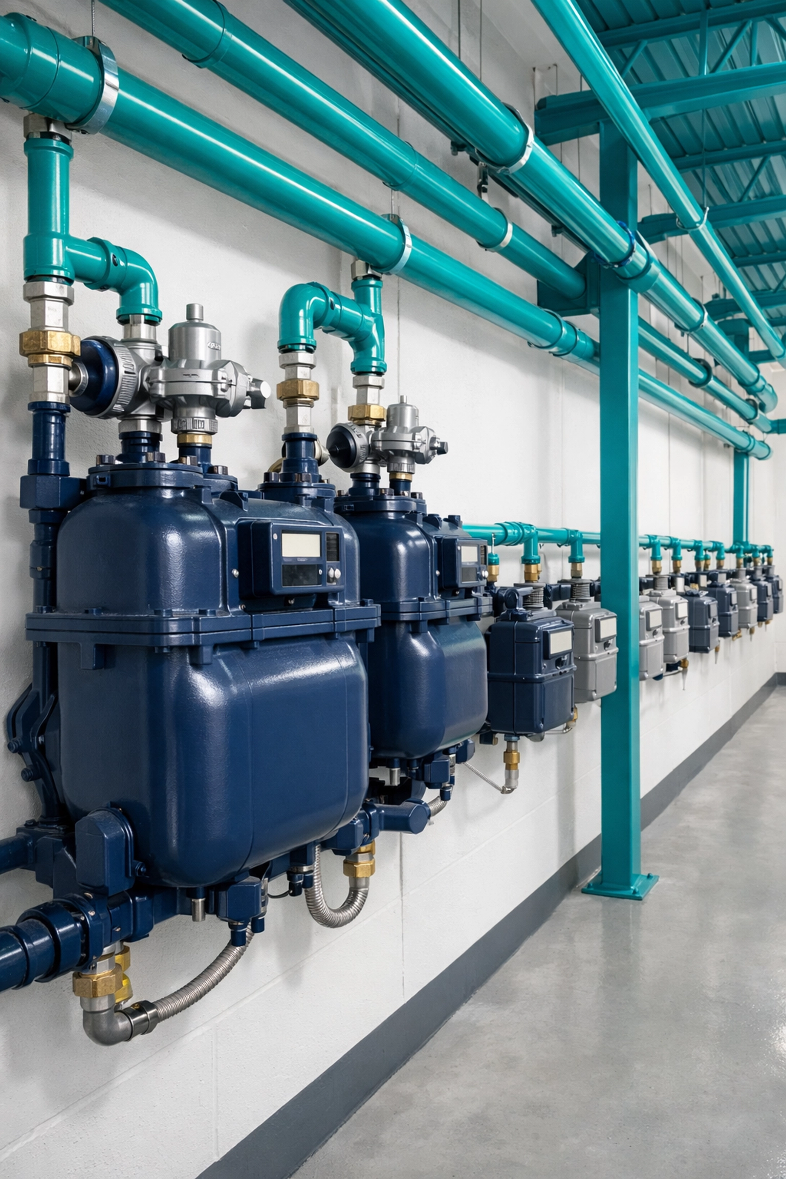 A row of commercial gas meters in different sizes inside a building plant room.