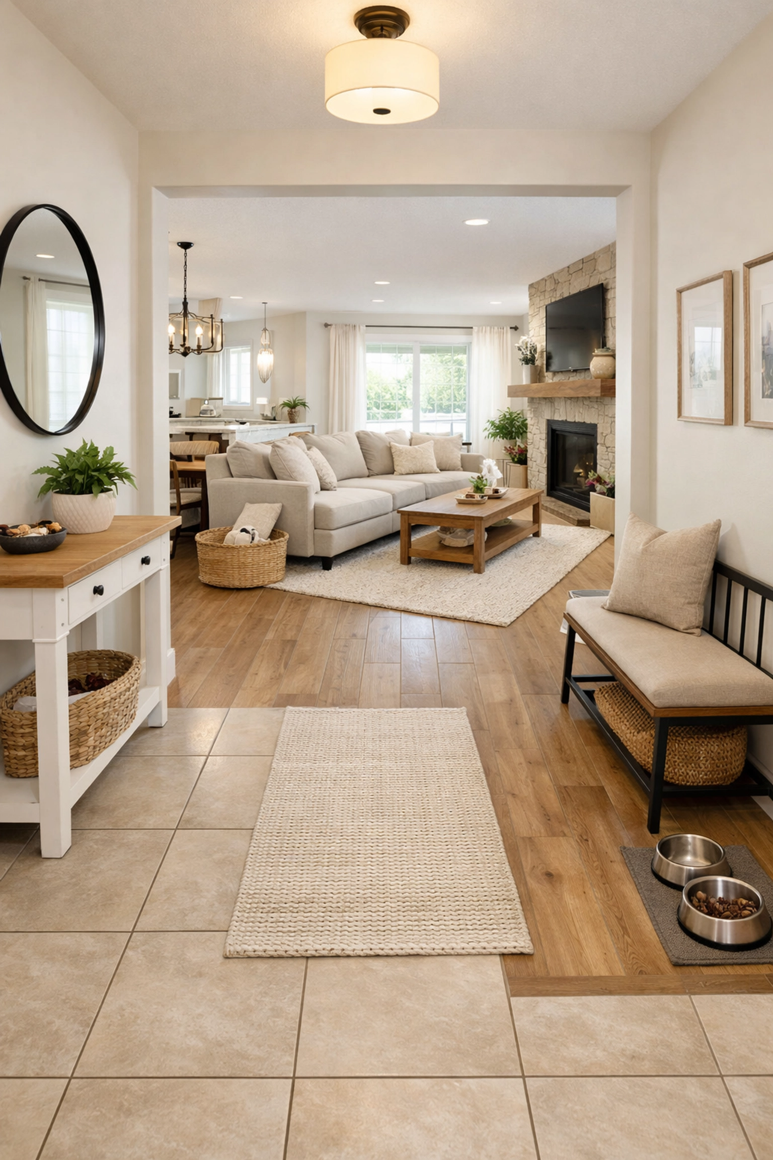 Modern pet-friendly Saskatoon rental featuring a durable tiled entryway transitioning to wood-look flooring.