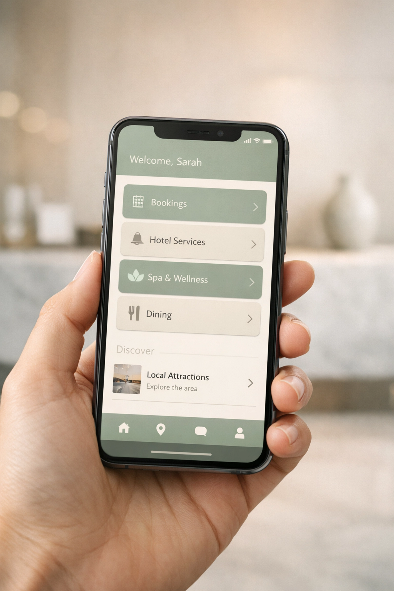 A guest using a mobile hotel booking engine interface in a modern hotel lobby.