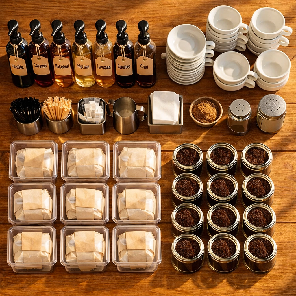 Organized café prep station with pre-portioned supplies ready for weekend service