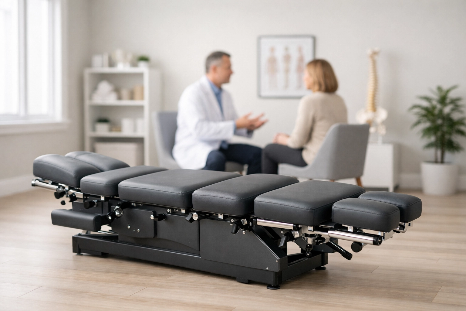 Chiropractor consulting with a patient in a clean, modern clinic to build trust and practice growth.