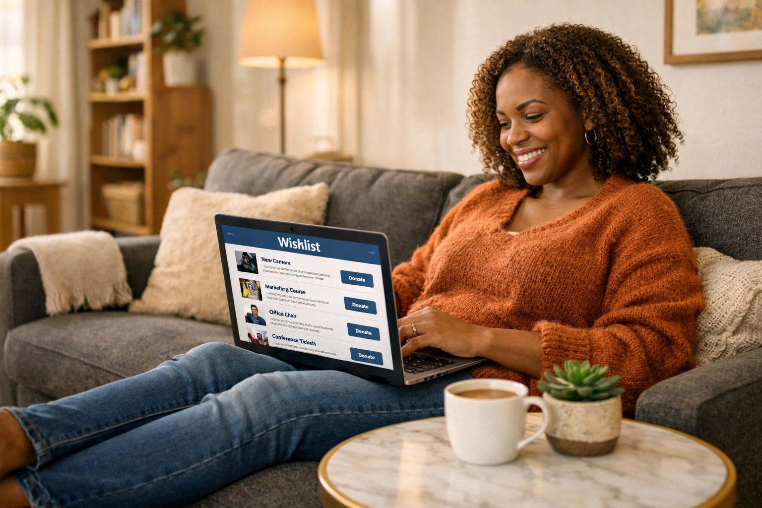 Woman using the wishlist on blackwallstreets.store to support her favorite Black-owned brands intentionally.