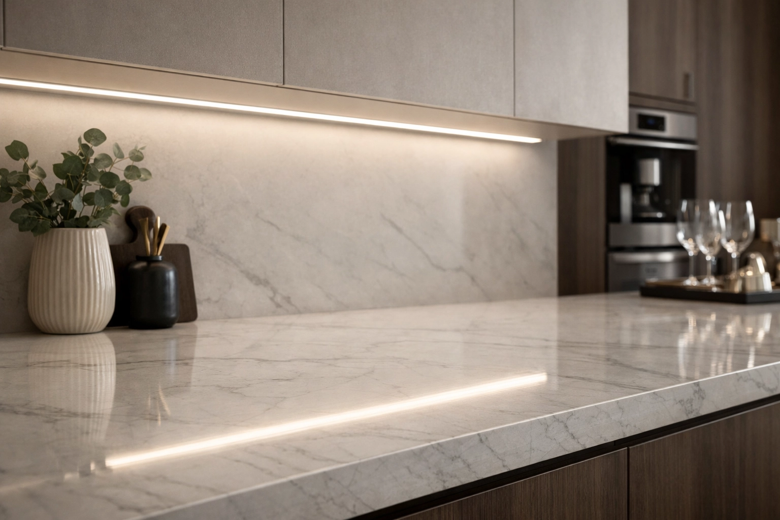 Seamless LED lighting on a marble countertop using an opal diffuser to eliminate hot spots.