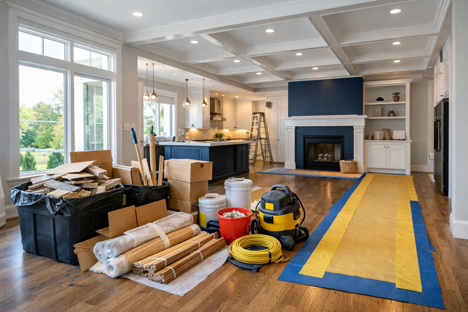 Luxury Massachusetts home interior during the rough phase of professional post-construction cleaning MA.