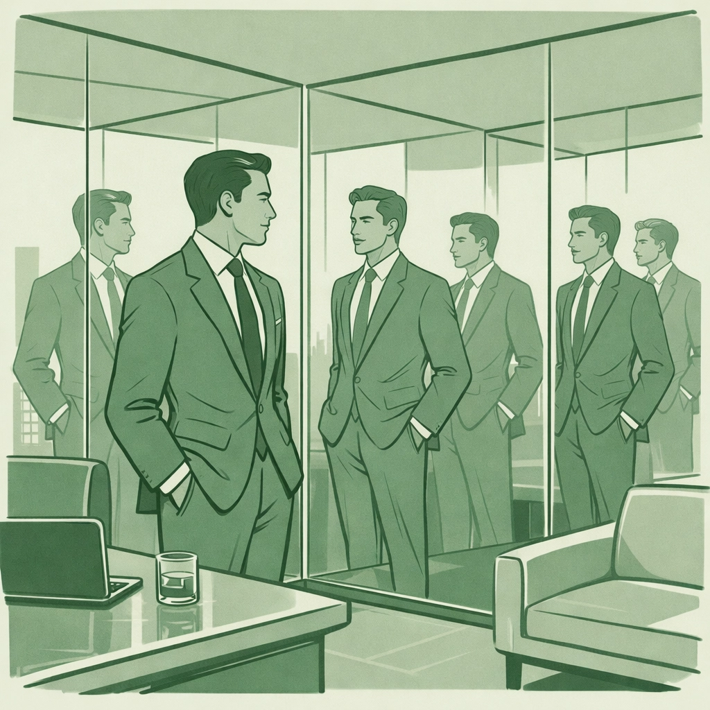 Gay executive in mirrored office reflecting narcissism and self-obsession in MM fiction