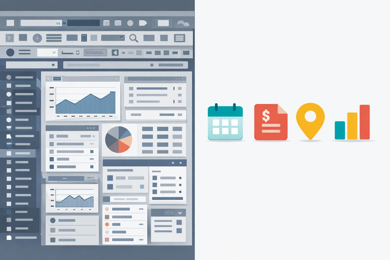 Comparison of cluttered enterprise software dashboard versus clean simple field service software interface
