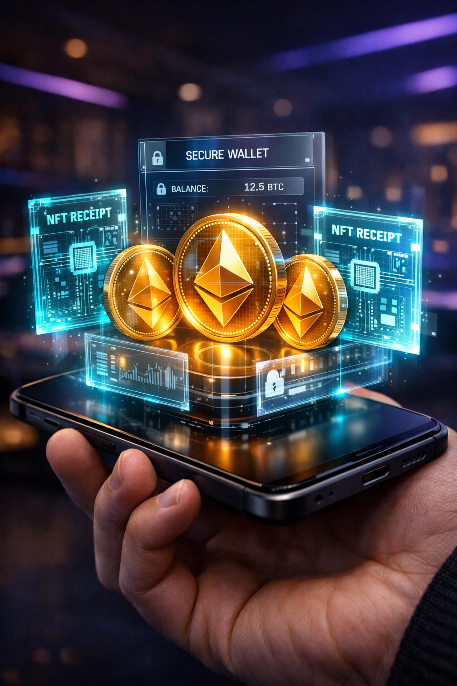 Secure self-custody Larecoin smart wallet showing LARE tokens and blockchain NFT receipts for metaverse purchases.