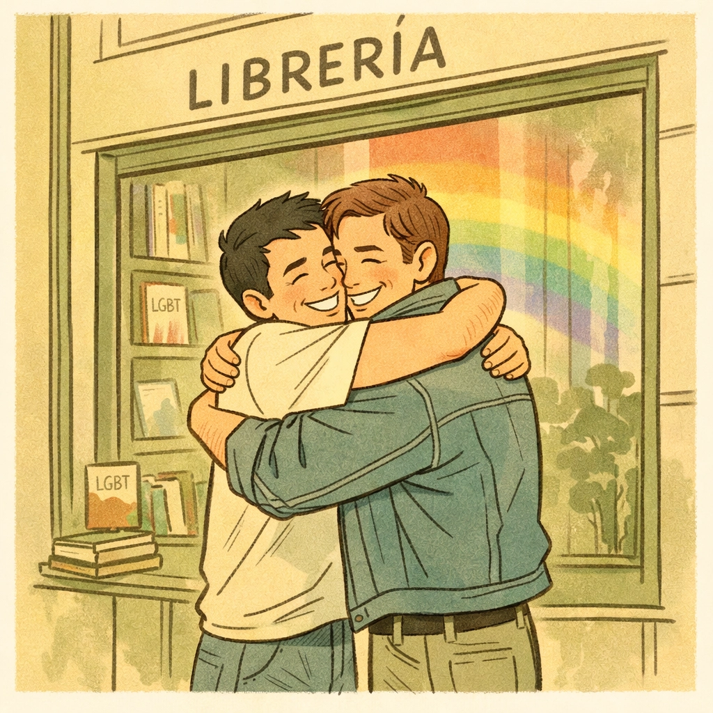 Gay couple celebrating outside Berkana LGBT+ bookshop in 1990s Madrid Chueca