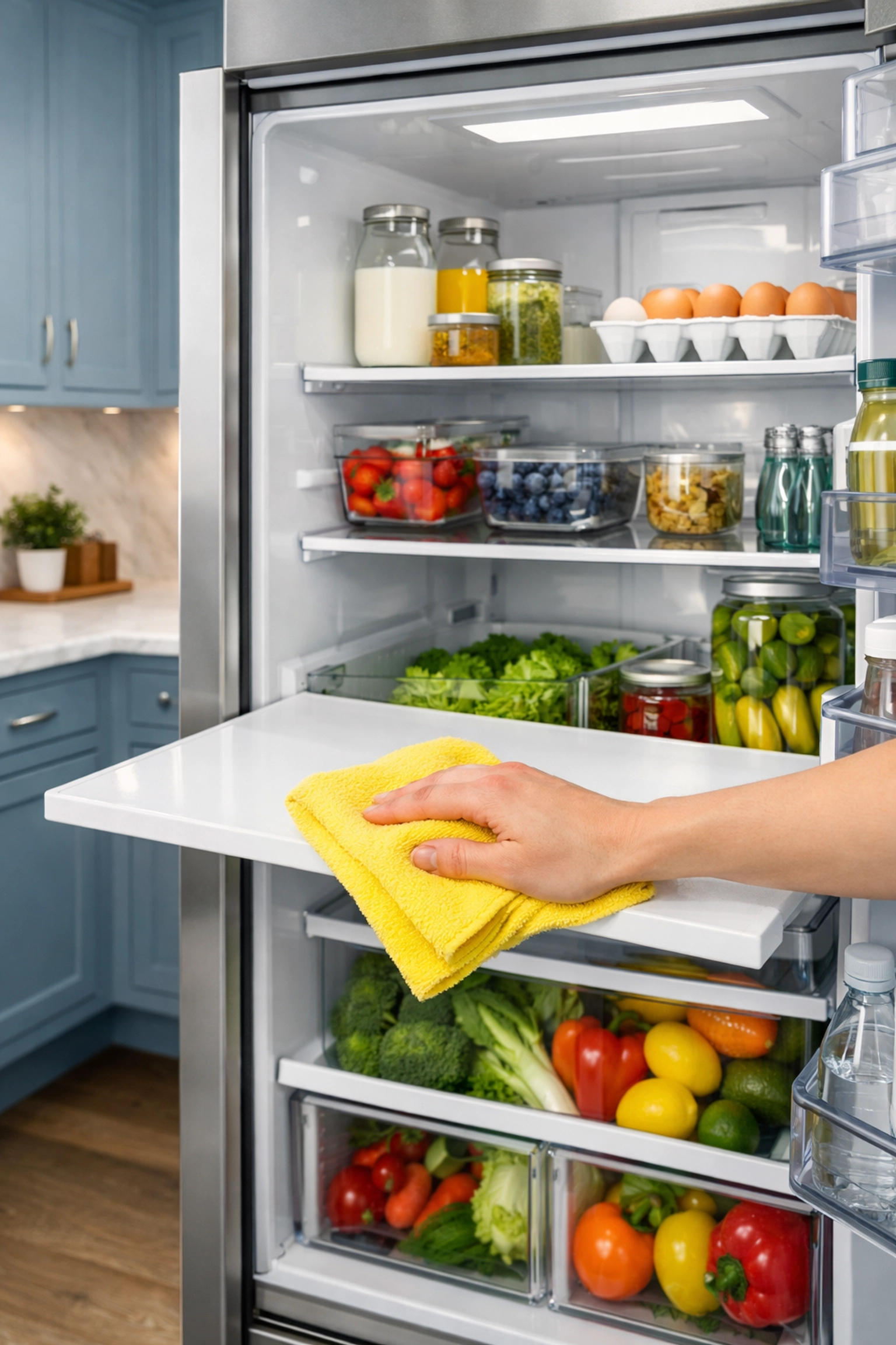Deep cleaning MA expert sanitizing a kitchen refrigerator during a spring cleaning session in Worcester.