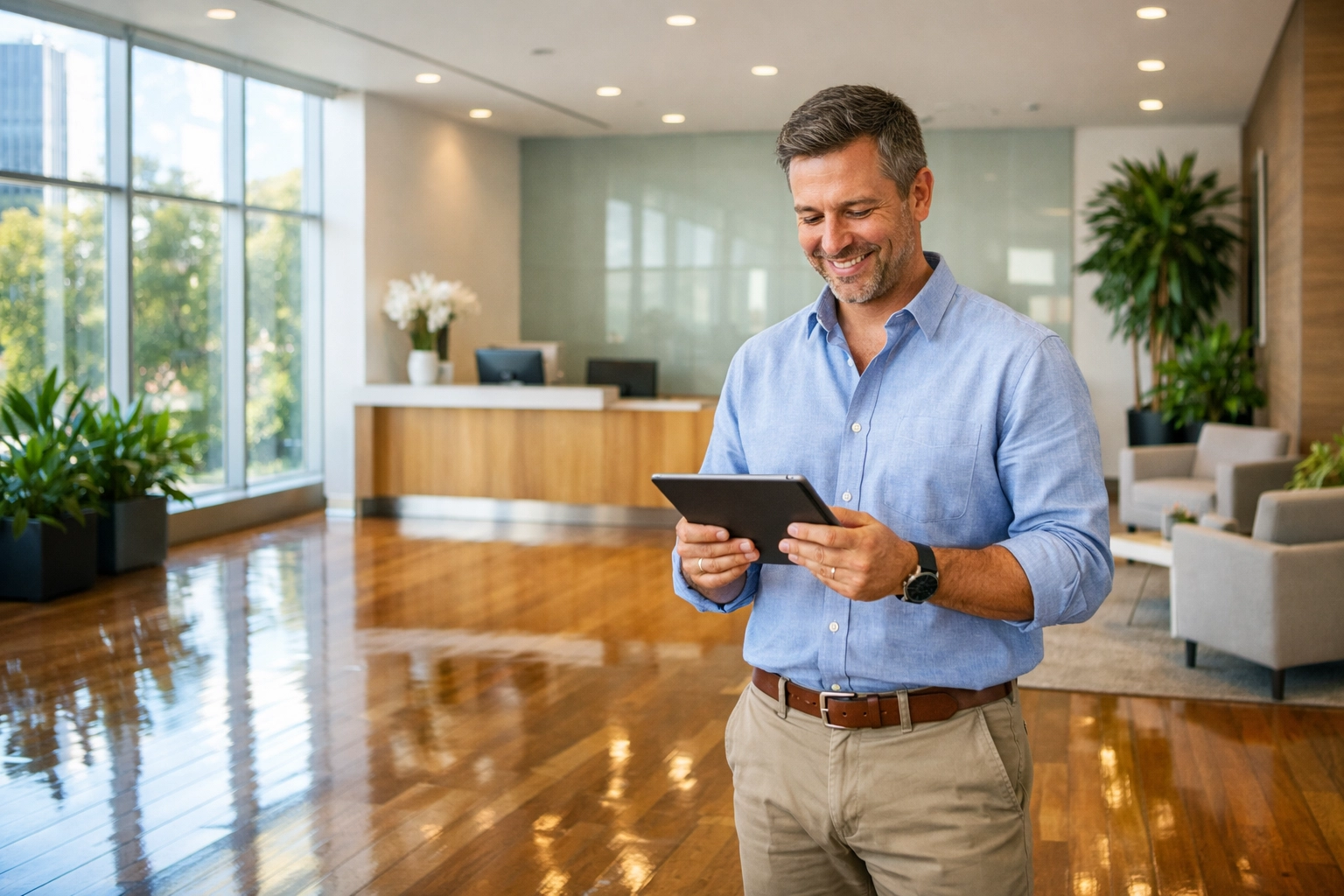 Clean office lobby in Westchester County NY showcasing professional commercial cleaning and facility management.