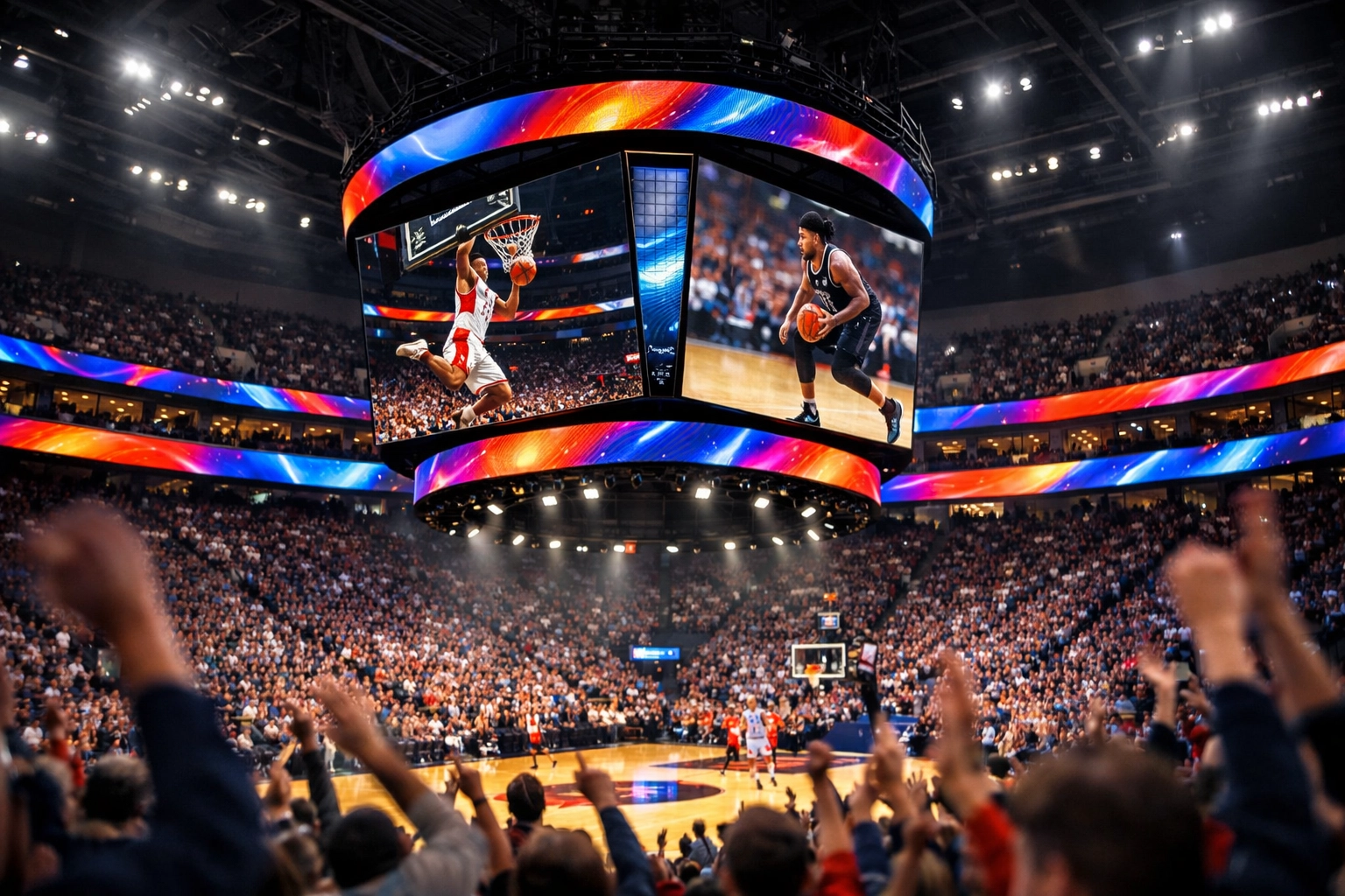 Professional sports arena interior featuring high-definition digital signage and LED ribbon boards for sponsorship.