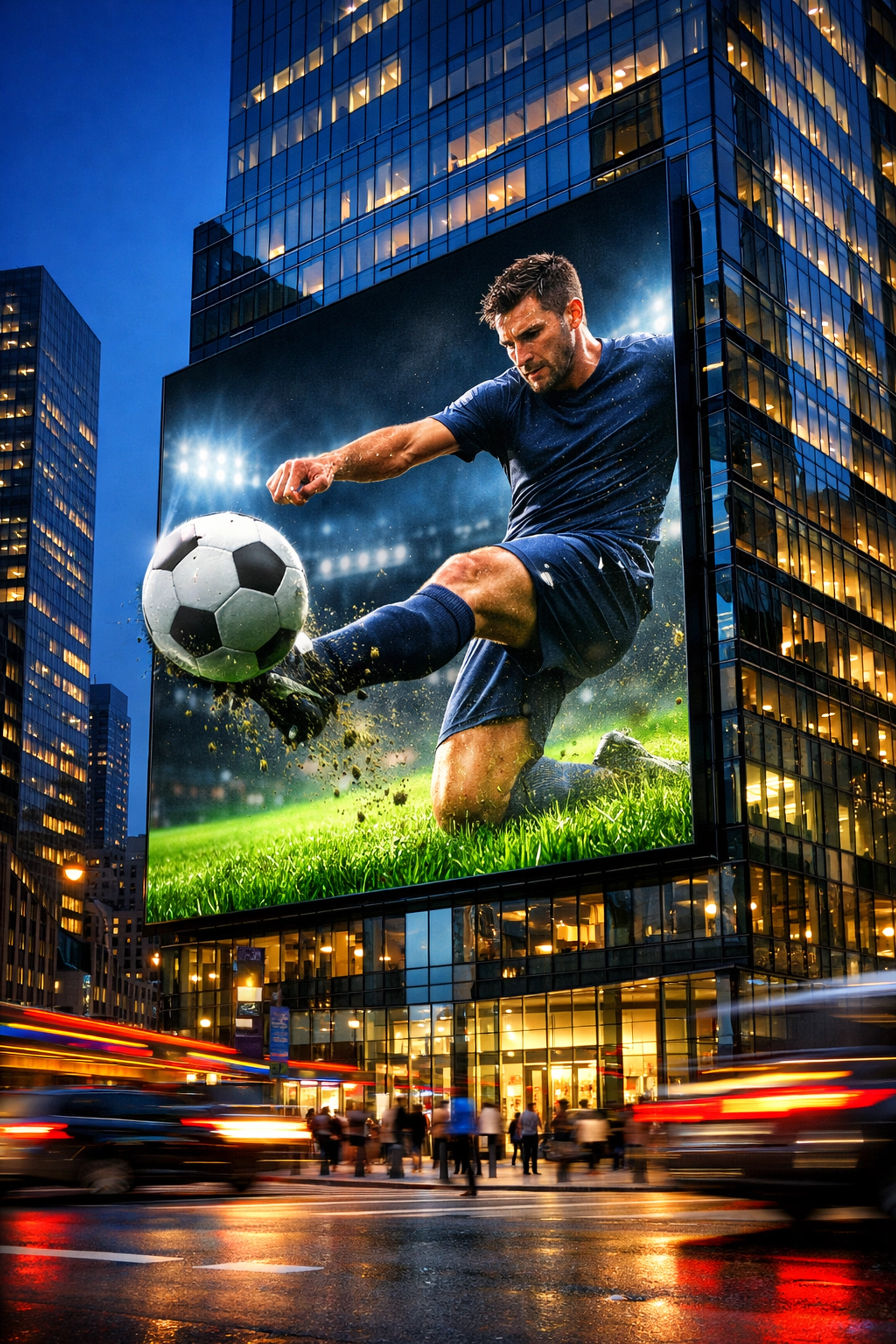 Digital billboard on an urban skyscraper displaying dynamic sports advertising during a soccer match.