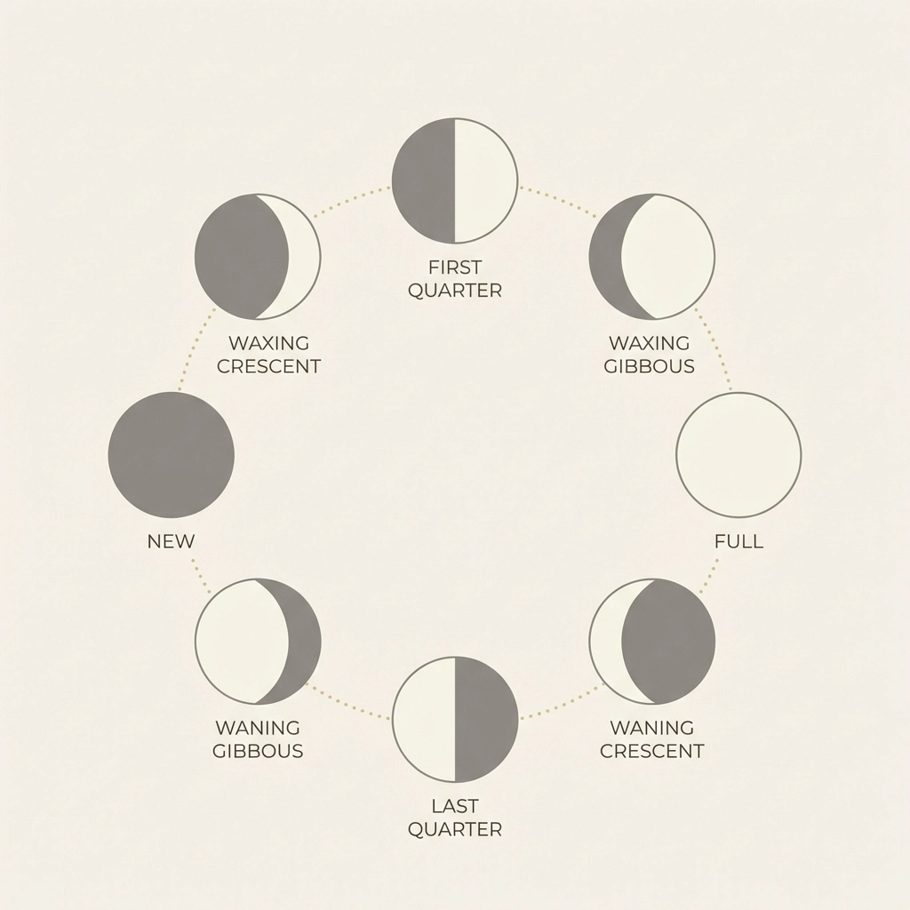 Minimalist illustration of the eight moon phases showing their sequential progression in a lunar calendar craft