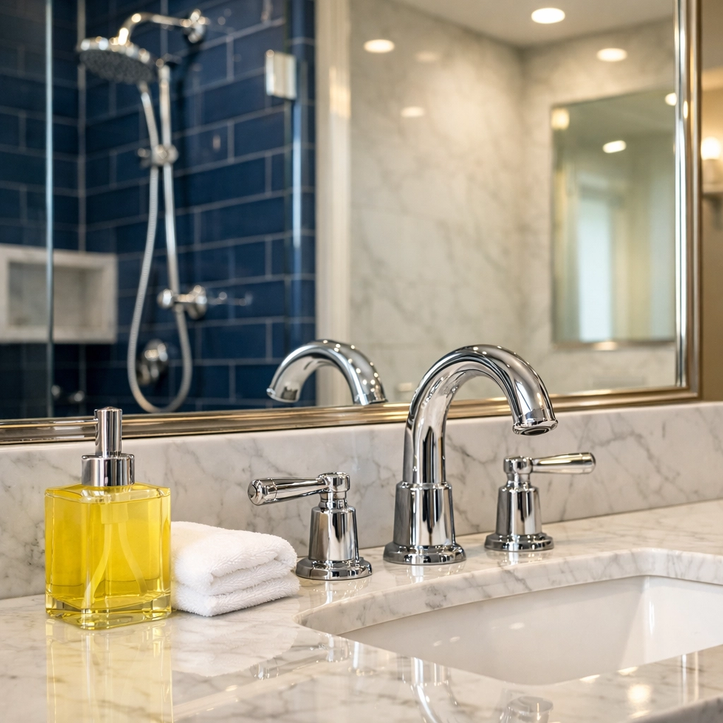 Clean luxury bathroom vanity showing successful results of a Boston apartment move-out cleaning for tenants.