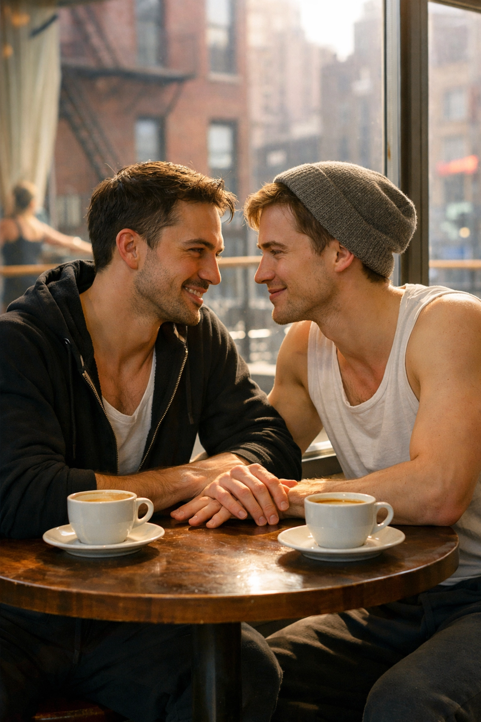 Gay male dancers bonding over coffee near dance studio - MM contemporary romance