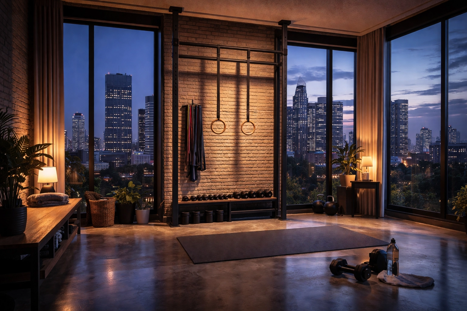 No-damage home gym setup in a rental apartment with floor-to-ceiling gym equipment