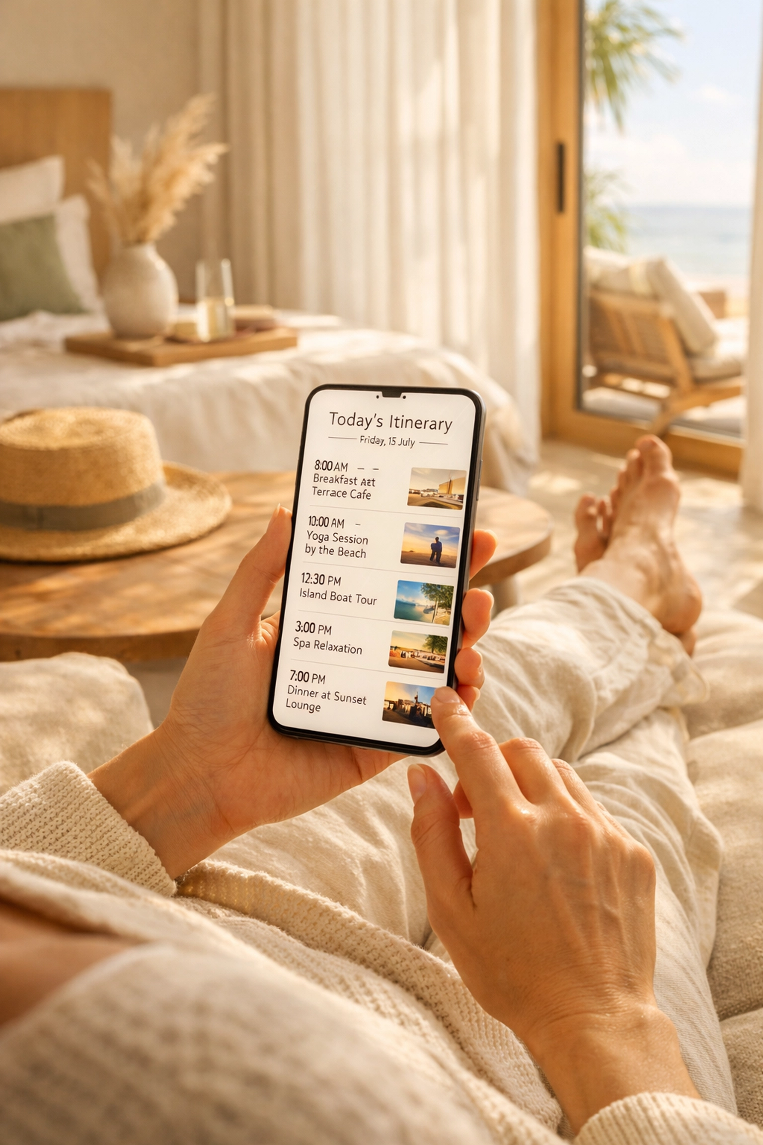 A guest in a modern hotel room viewing a personalized travel itinerary on a smartphone app.