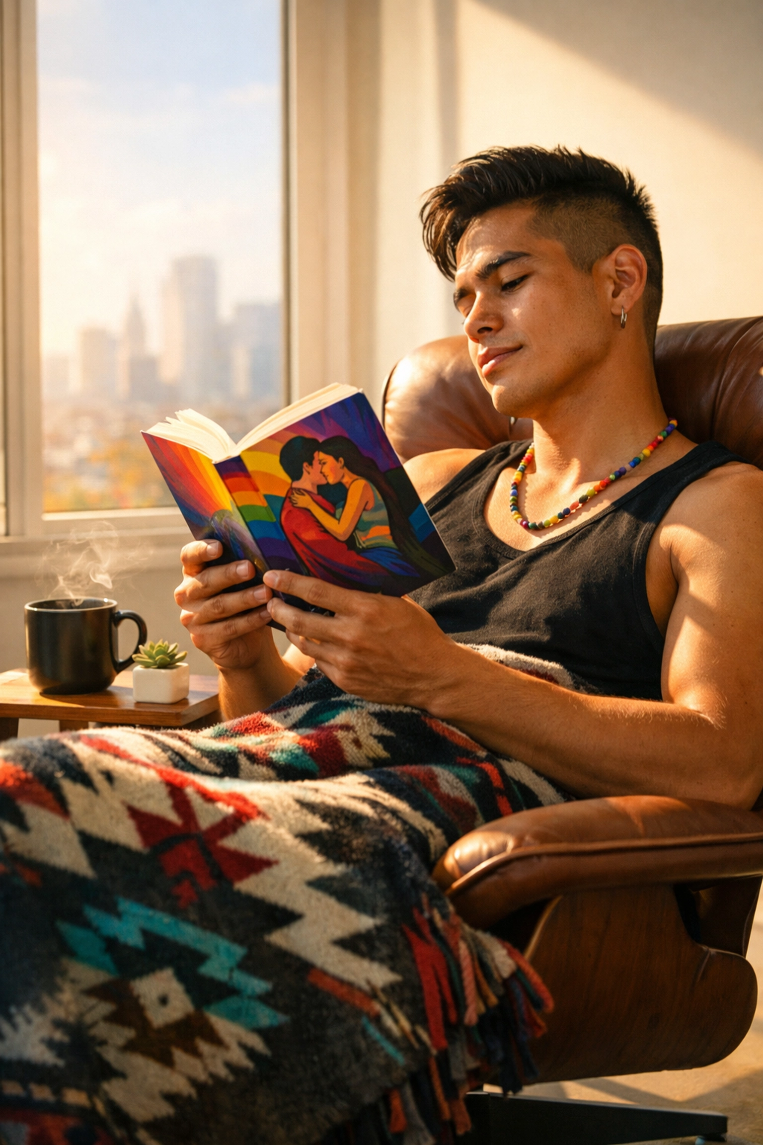 A young Indigenous gay man reading a modern MM romance book in a bright, sunlit apartment.