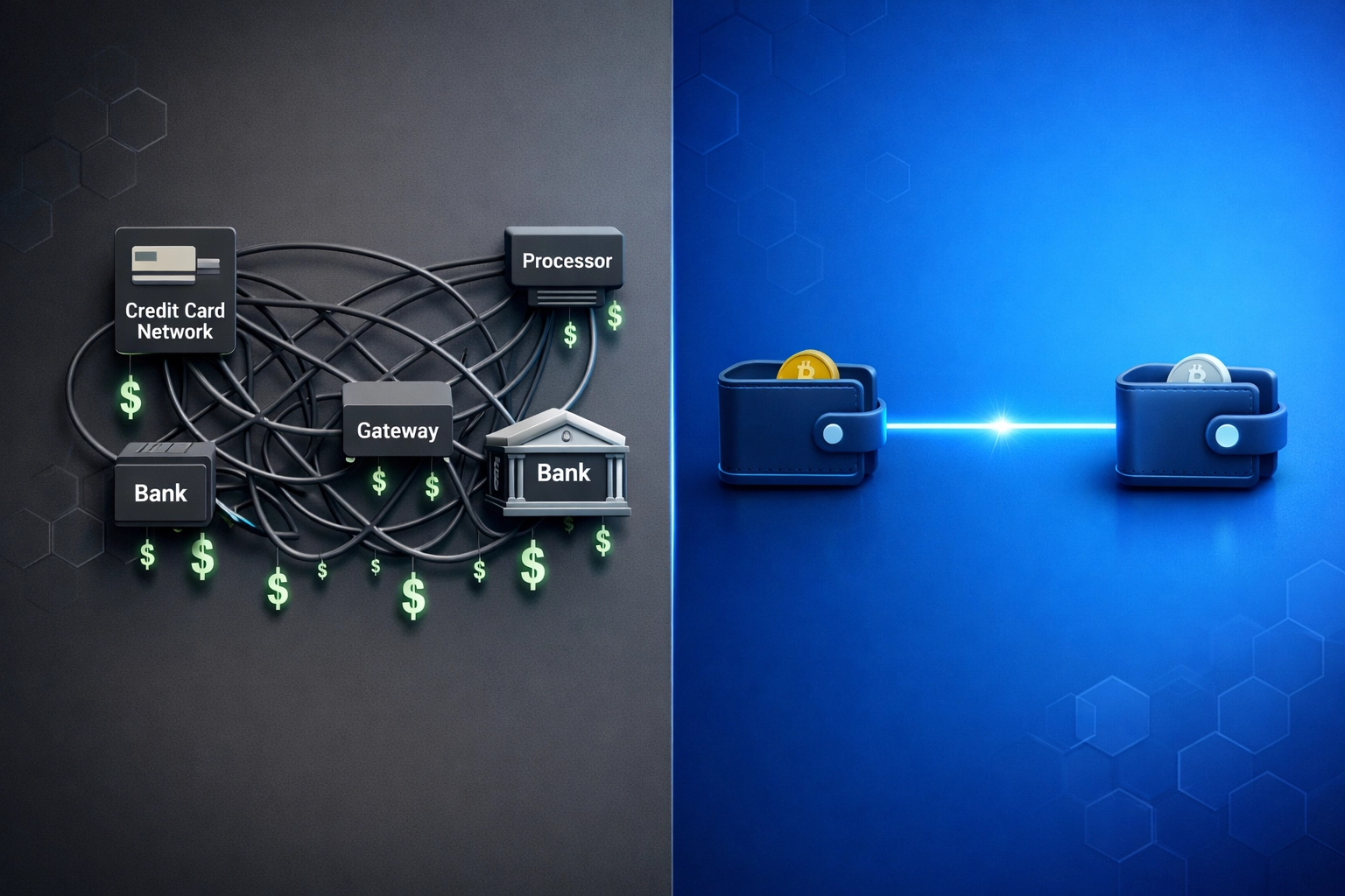 Traditional payment processing vs self-custody crypto payments comparison showing fee reduction