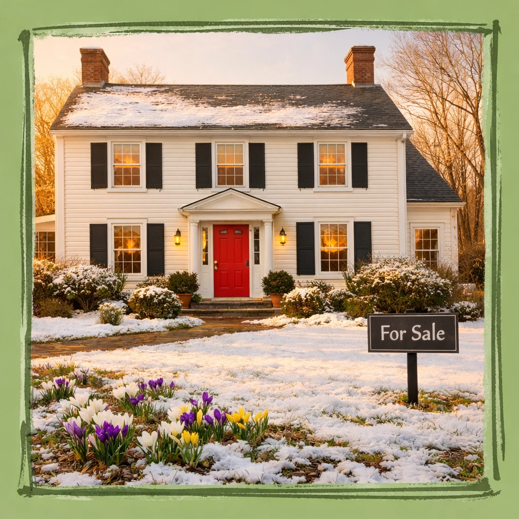 Connecticut colonial home for sale in late winter with snow and emerging spring flowers
