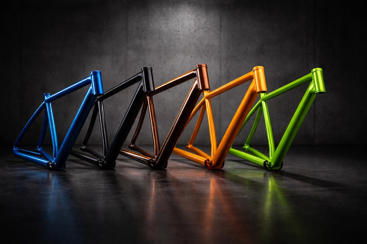 Five bicycle frames in various custom powder coat finishes, illustrating color and effect options for cyclists.