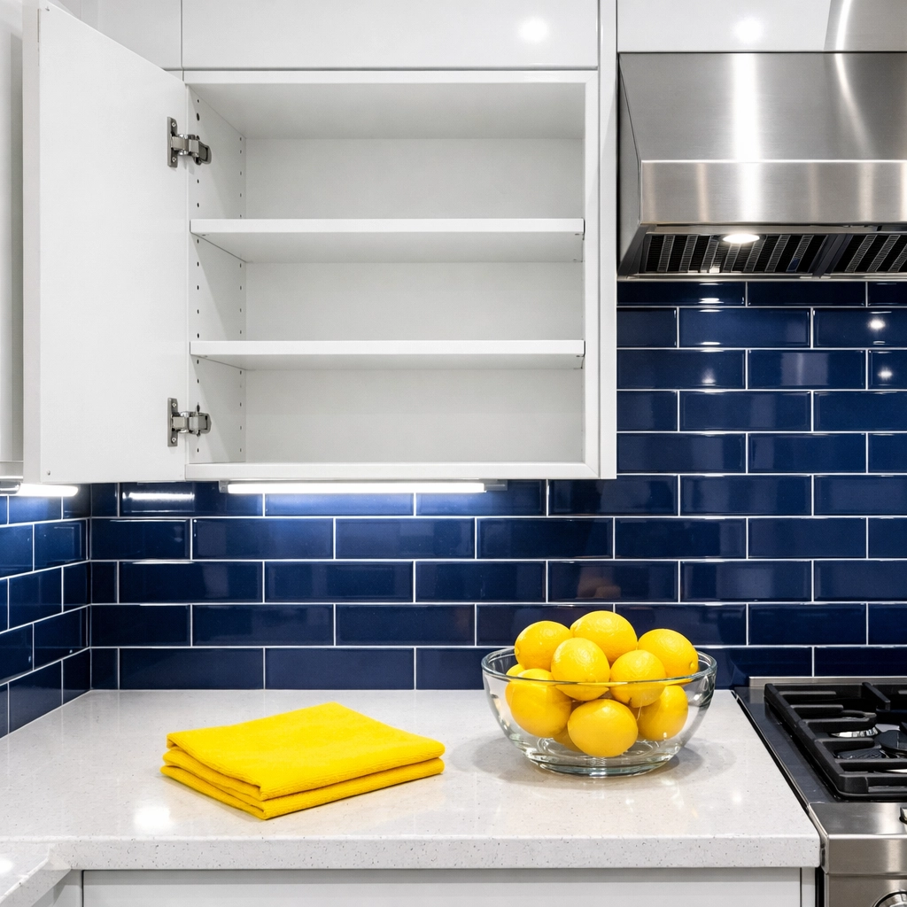 Professional move-in cleaning in Boston showing sanitized white kitchen cabinets and a dust-free quartz countertop.