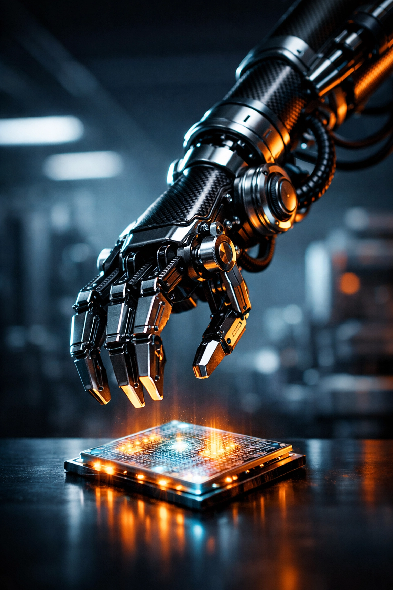 Advanced robotic arm manufacturing semiconductors during major global economic shifts.