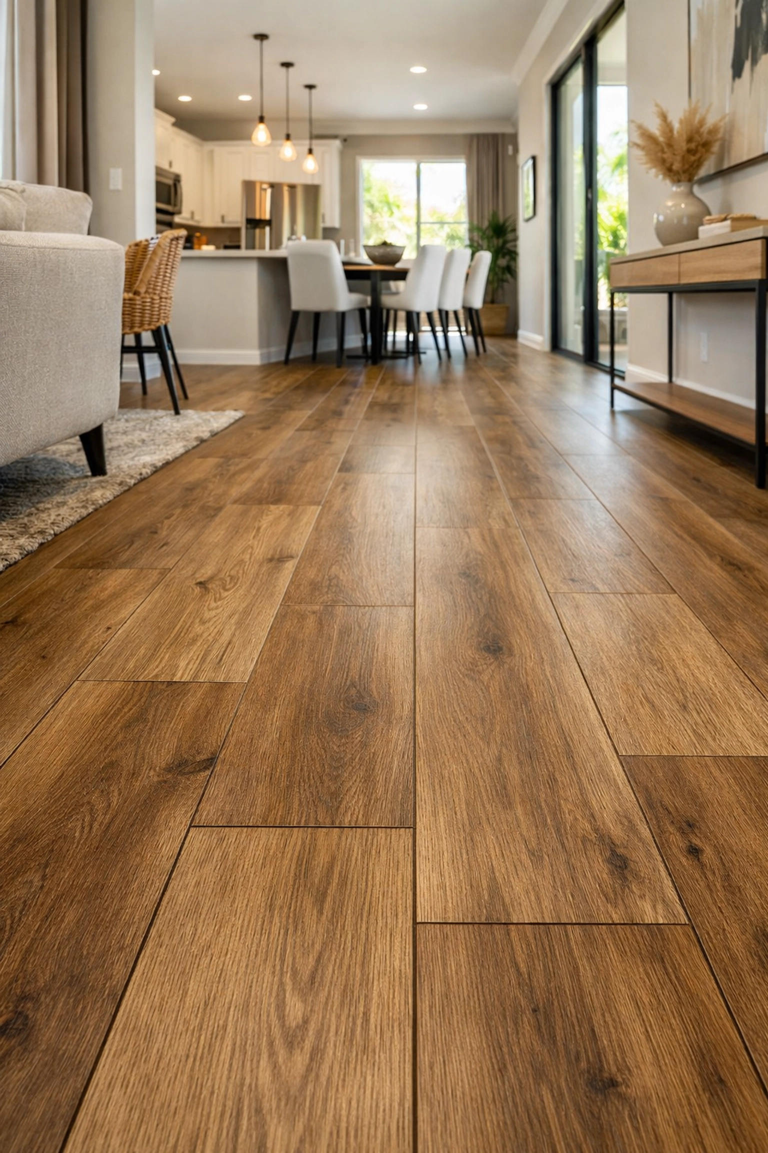 Luxury vinyl plank flooring installation Orlando showing wide wood-look planks in open concept home