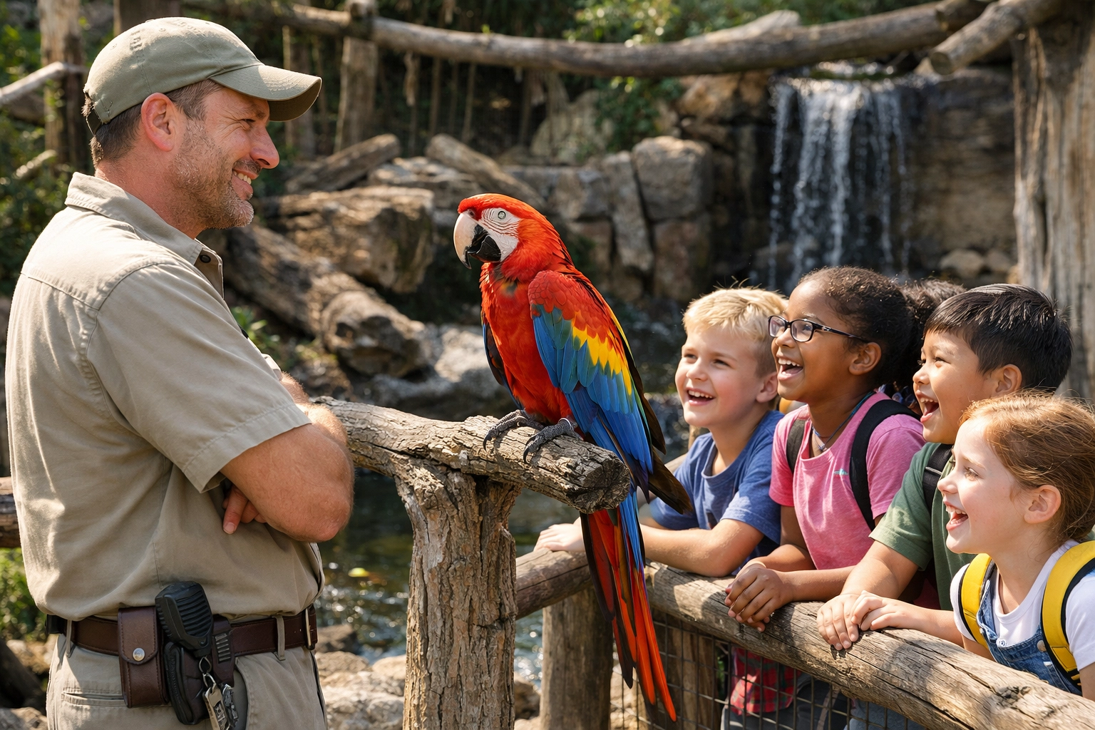 Zookeeper teaching children about a macaw to illustrate zoo engagement and education.
