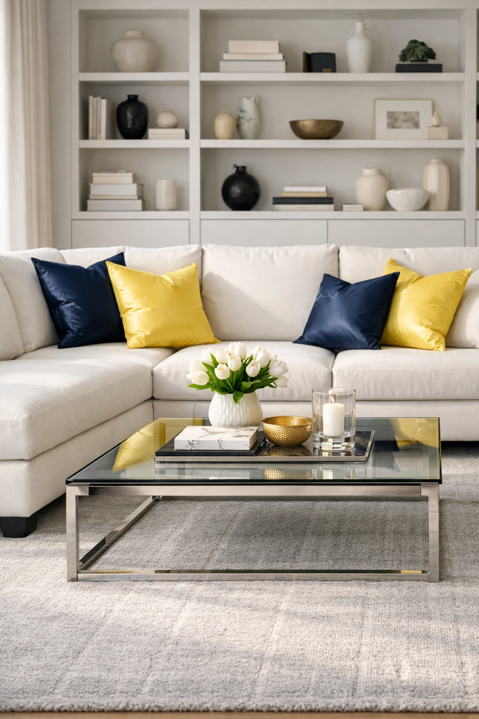 Clean living room with vacuumed rug and blue pillows showing the ROI of professional cleaning.