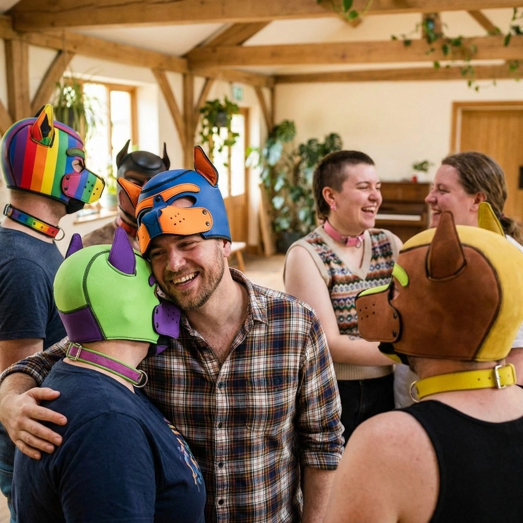 Diverse trans and non-binary pups gathering in inclusive LGBTQ+ puppy play community