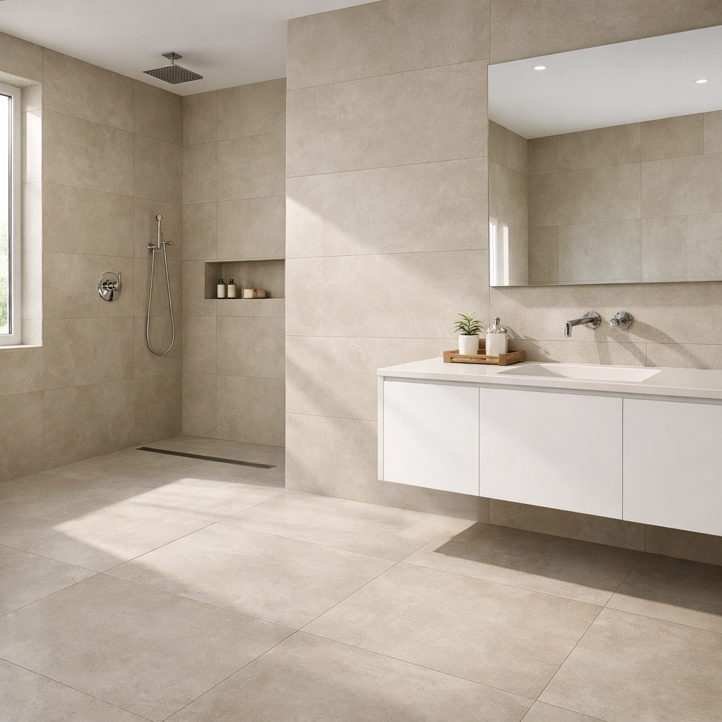 Large-format greige tiles with matching grout in modern Orlando bathroom creating seamless spa-like look