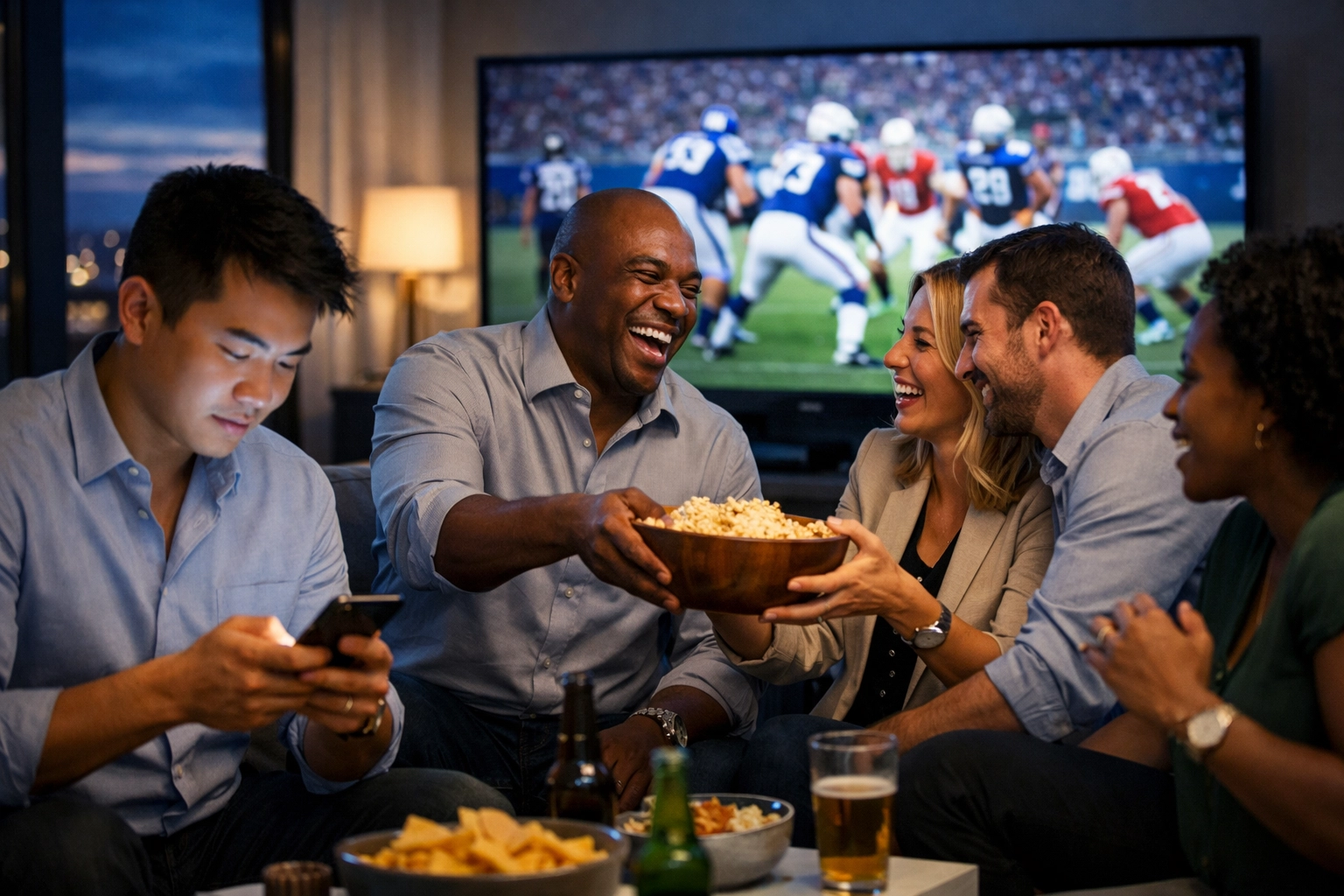 Distracted viewers using smartphones during a major sporting event, illustrating brand attention challenges.