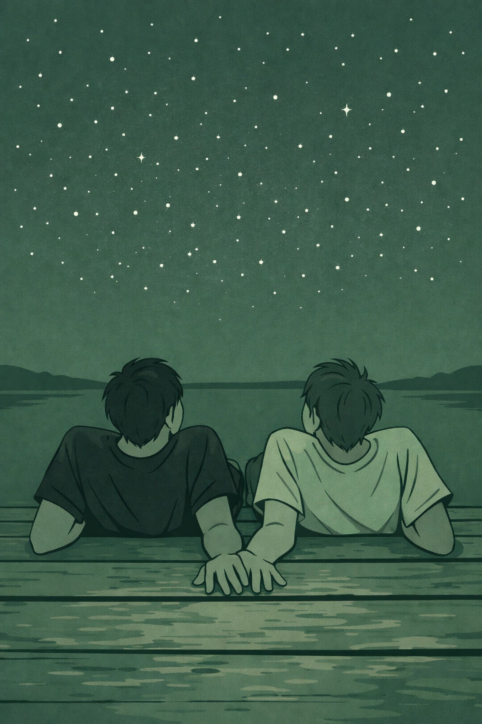 Step-brothers stargazing on dock, hands nearly touching - MM romance summer house pact