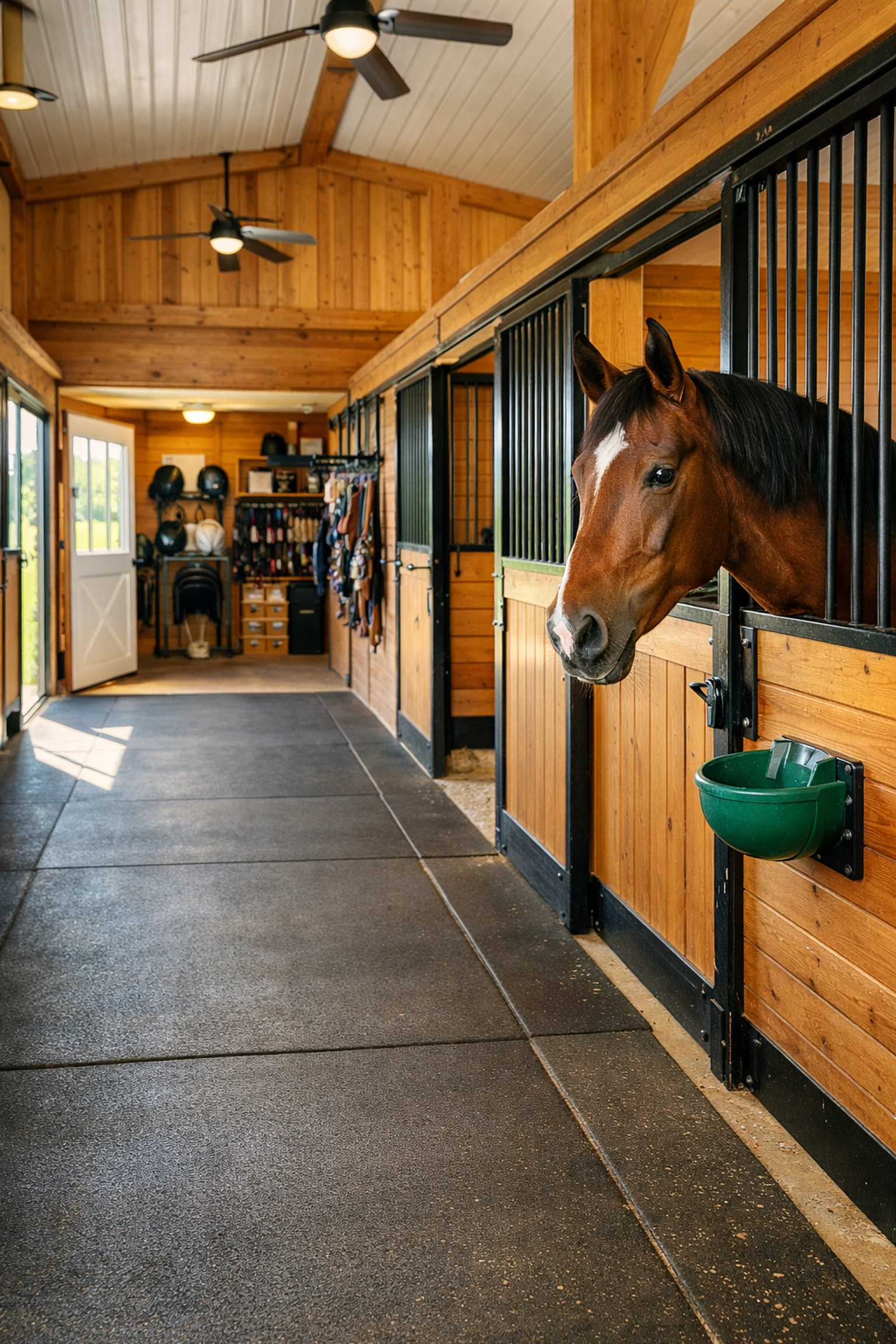 Well-designed horse barn interior in Waxhaw showing ventilated stalls and tack room