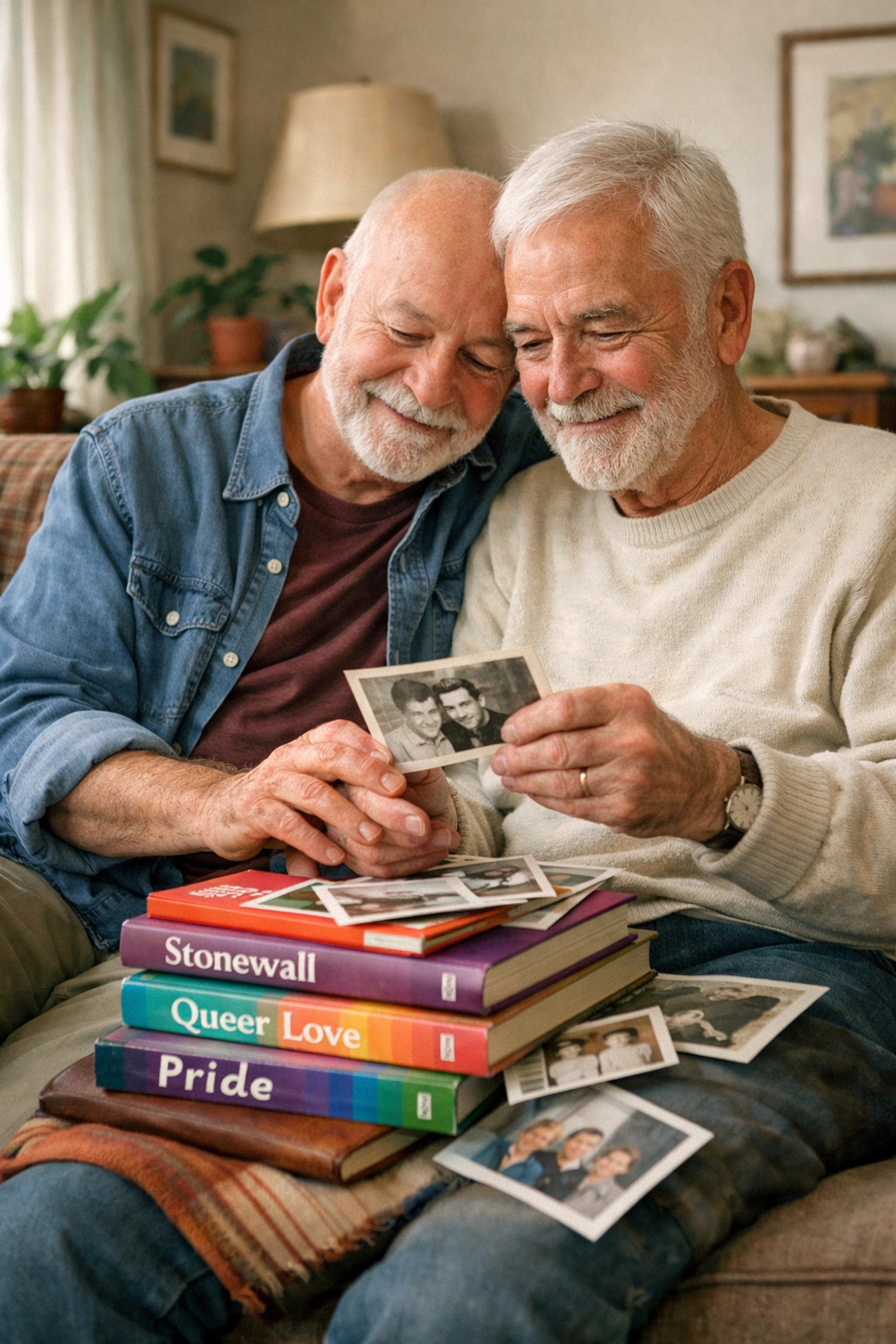 An older gay couple reflecting on their legacy and queer history while reading together in a sunlit room.