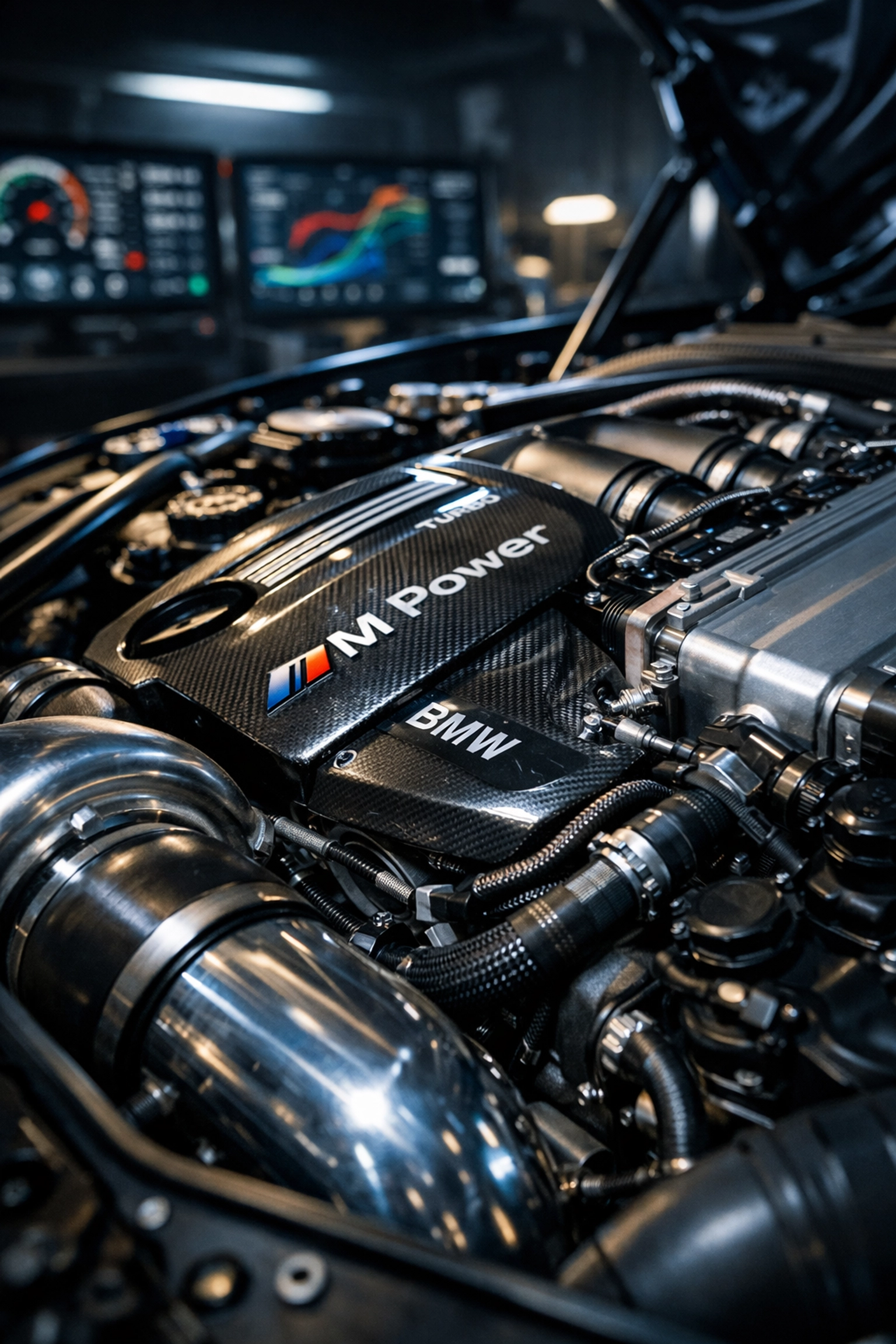 Close-up of a high-performance BMW engine during professional ECU tuning and power optimization.