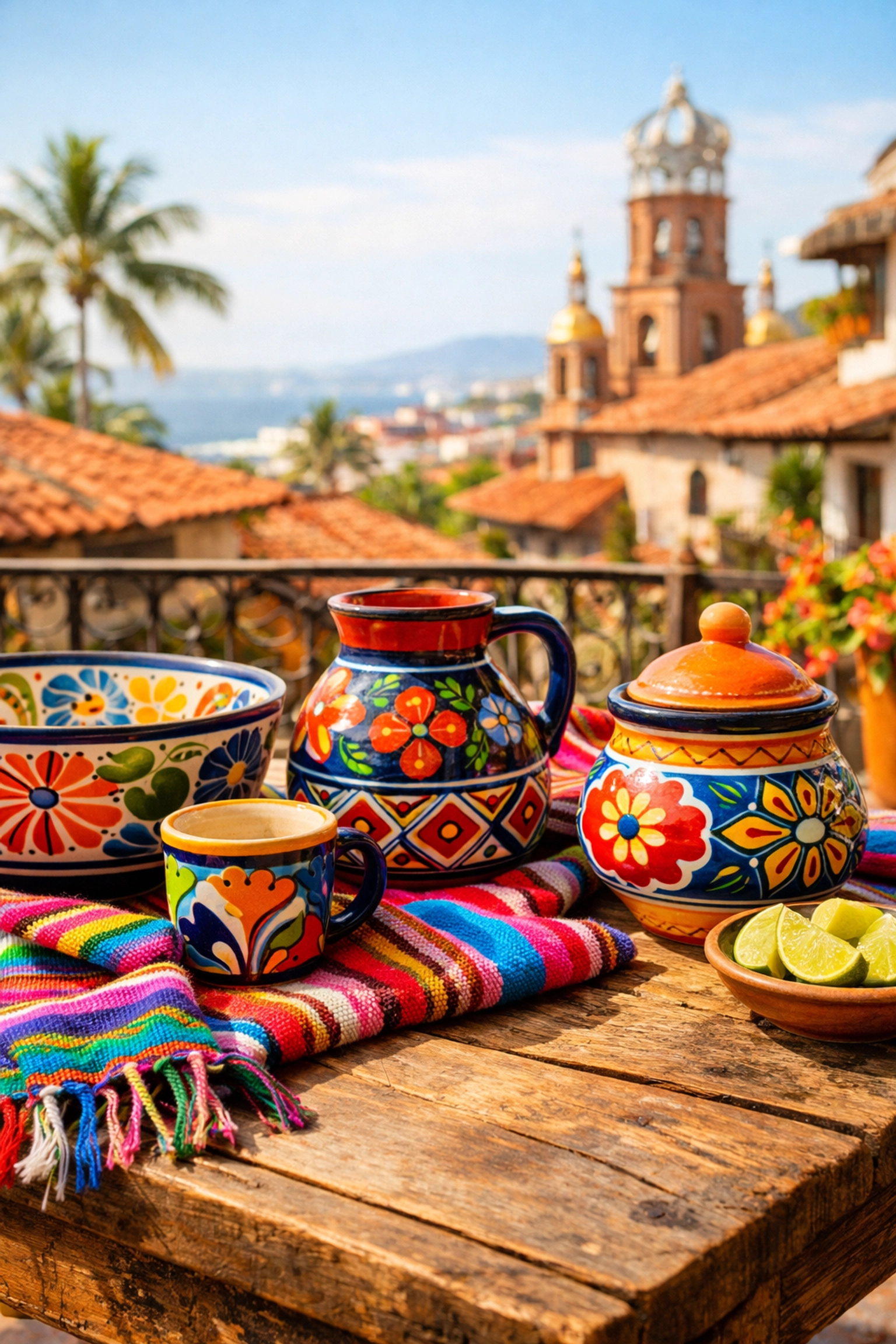 Handcrafted Mexican pottery on a sunny balcony overlooking red-tiled roofs in Zona Romantica.