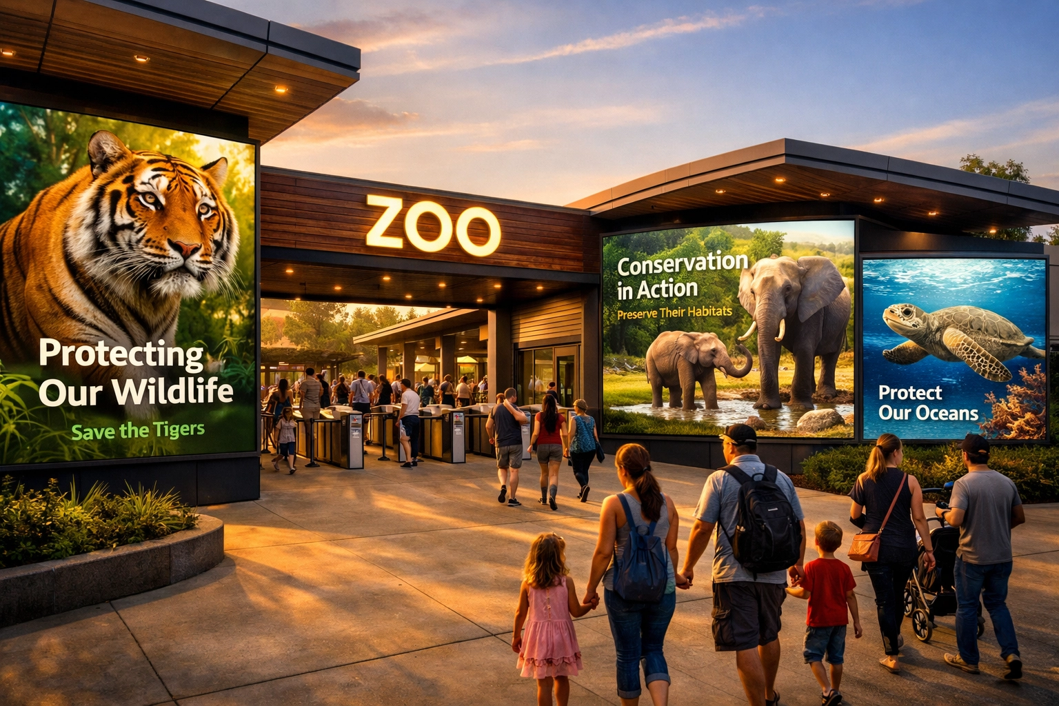 Modern zoo entrance with digital billboards displaying wildlife conservation content