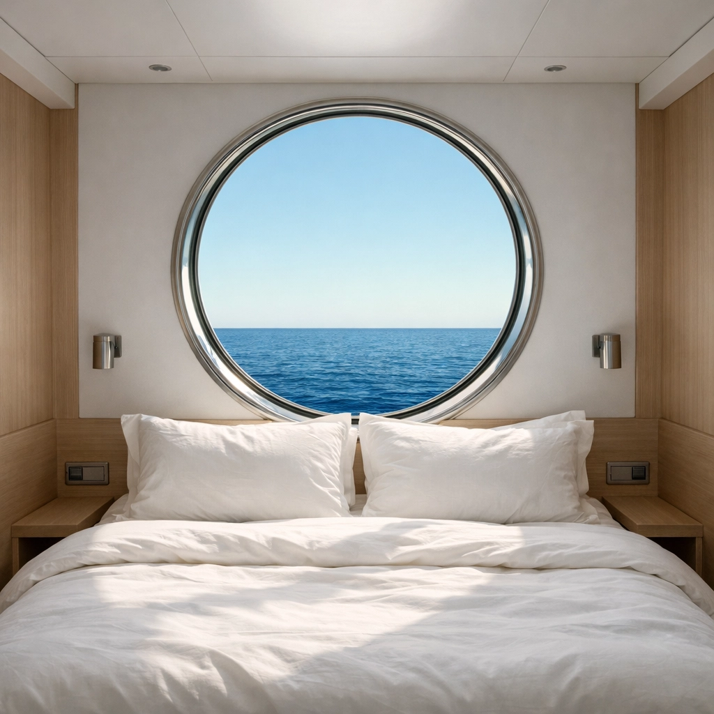 Minimalist liveaboard cabin with a steady horizon view through a porthole to reduce motion sickness.