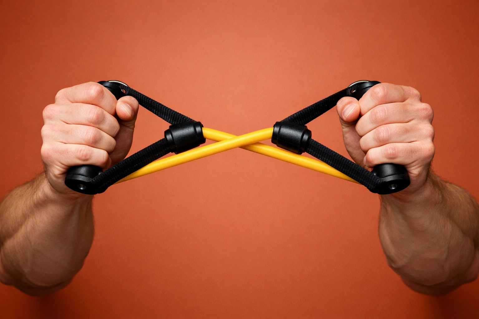 Close-up of a chest press exercise using a yellow resistance band for maximum peak contraction.