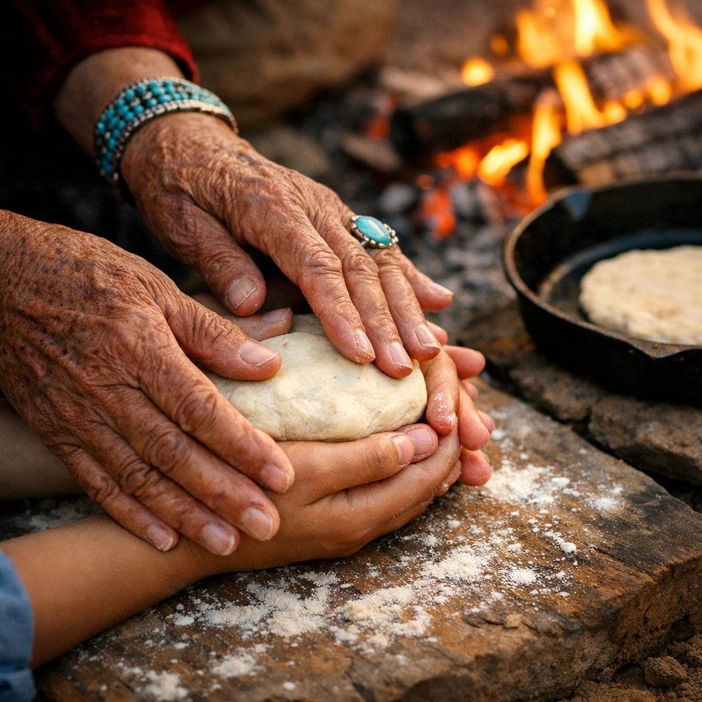 Navajo elder teaching a student traditional cooking during a Grand Canyon cultural service trip.