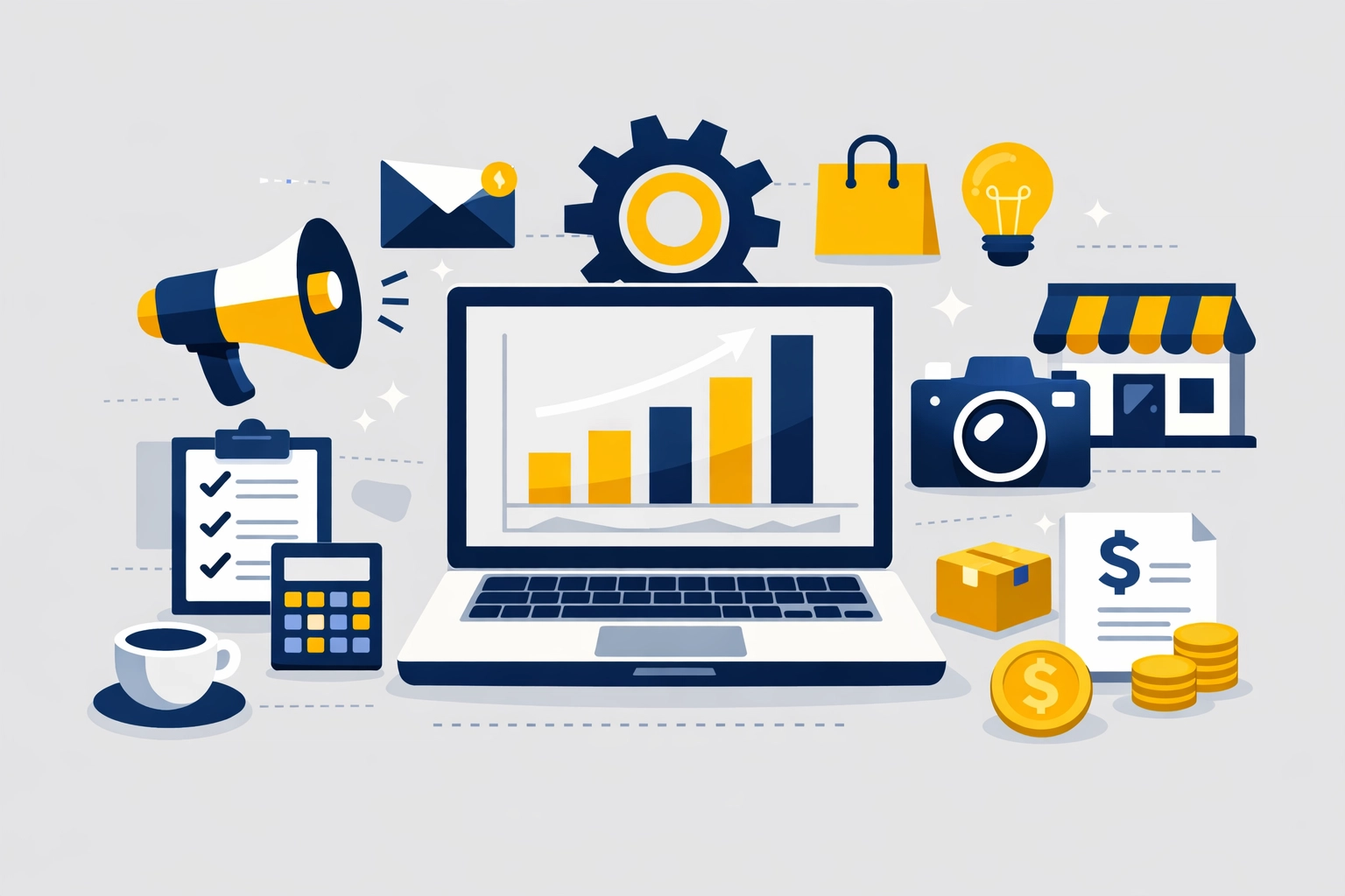 Digital marketing icons and financial charts representing deductible expenses for small business tax preparation.