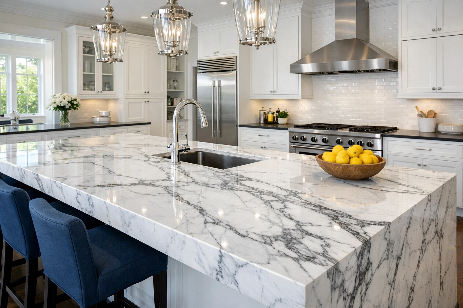 Clean, polished white marble kitchen island in a Concord estate, showcasing professional surface care.