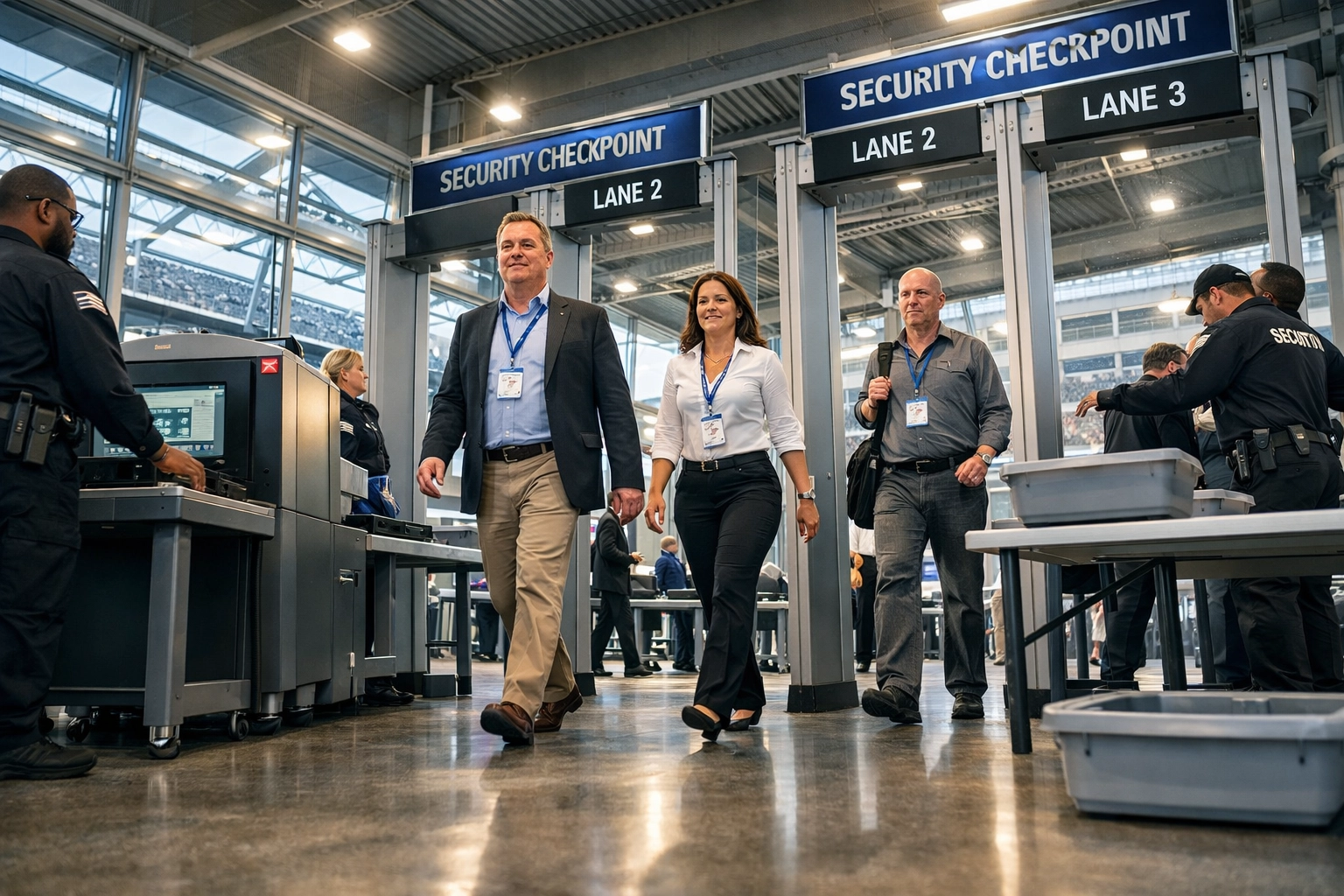 Executives passing through stadium security checkpoint with credential screening at Super Bowl venue