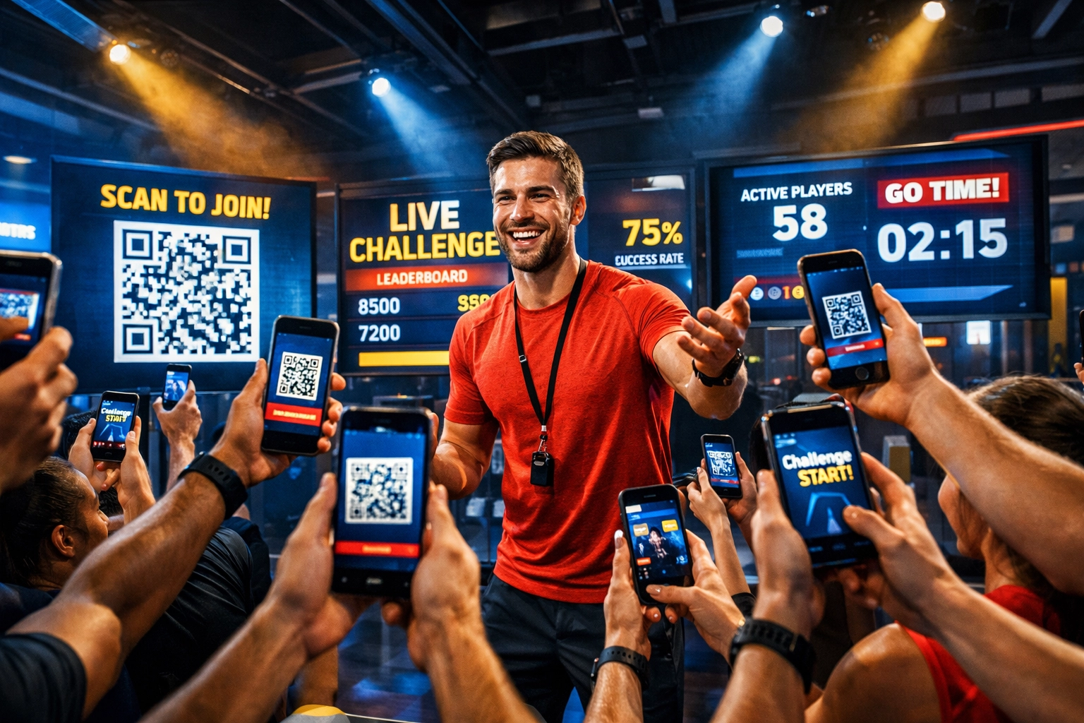 Coach leading interactive training session with athletes using smartphones for engagement