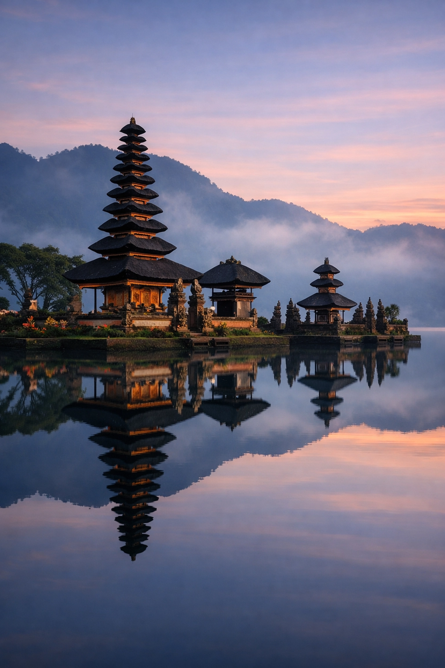 Symmetrical reflection of Ulun Danu Temple, a top instagrammable place in Bedugul, Bali.